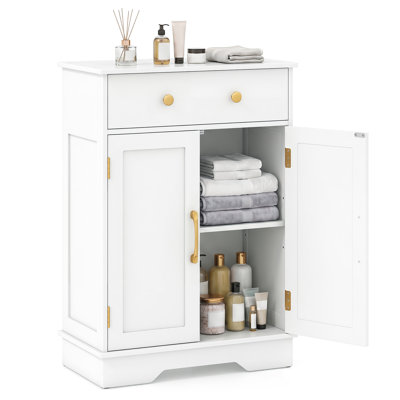 Armoire de rangement pour salle de bain, buffet avec 2 portes et tiroir blanc + or