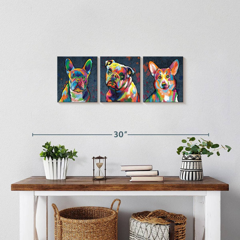 "Dog Alerte Dogs", ensemble de 3 reproductions de couleurs abstraites sur toile par Jude A, H 8 po x l 26 po x P 1 po