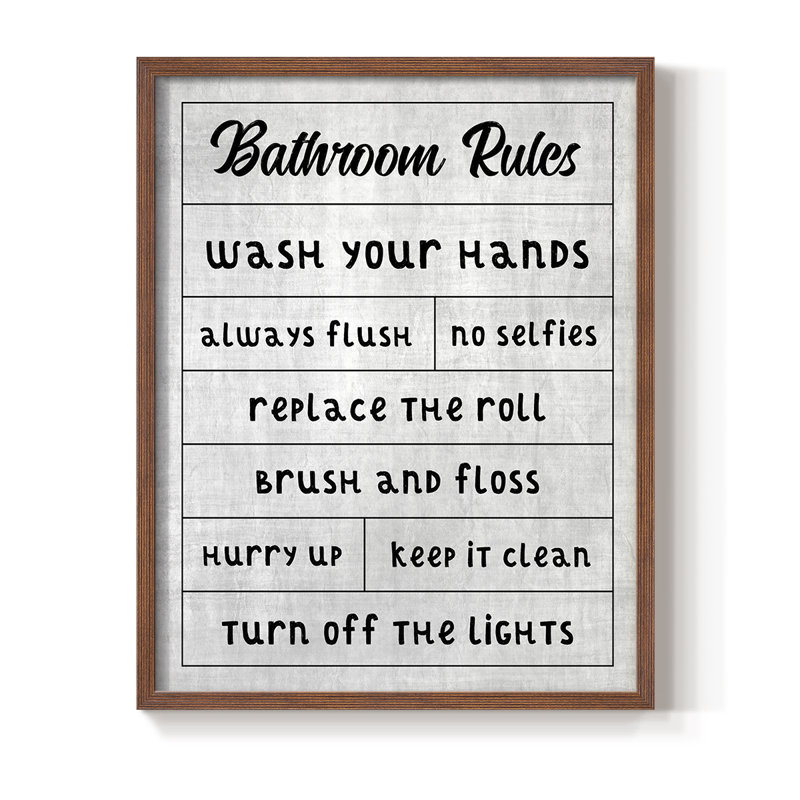 Simple Bathroom Rules Framed Print - Solid Wood, Walnut, 15" H x 12" W