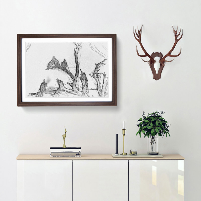 Vultures on a Tree in Abstract - Picture Frame Graphic Art Print, 60cm H x 91cm W x 2cm D, Walnut