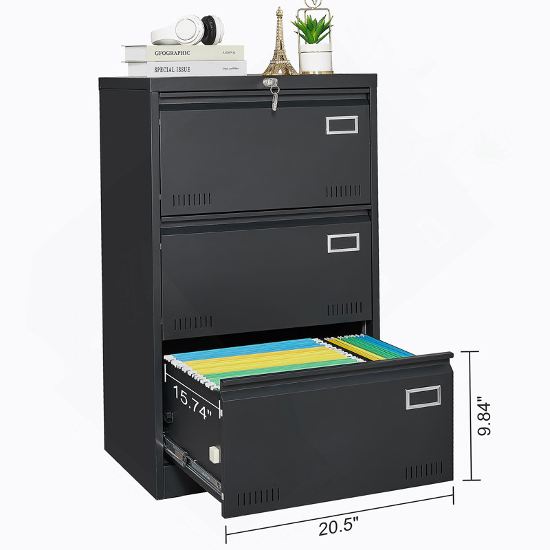 Filing Cabinet Lateral File Cabinet 3 Drawer, Blcak Locking Metal File Cabinets Three Drawer, Office Filing Cabinet With Lock Drawers For Home Office/Legal/Letter/A4/F4