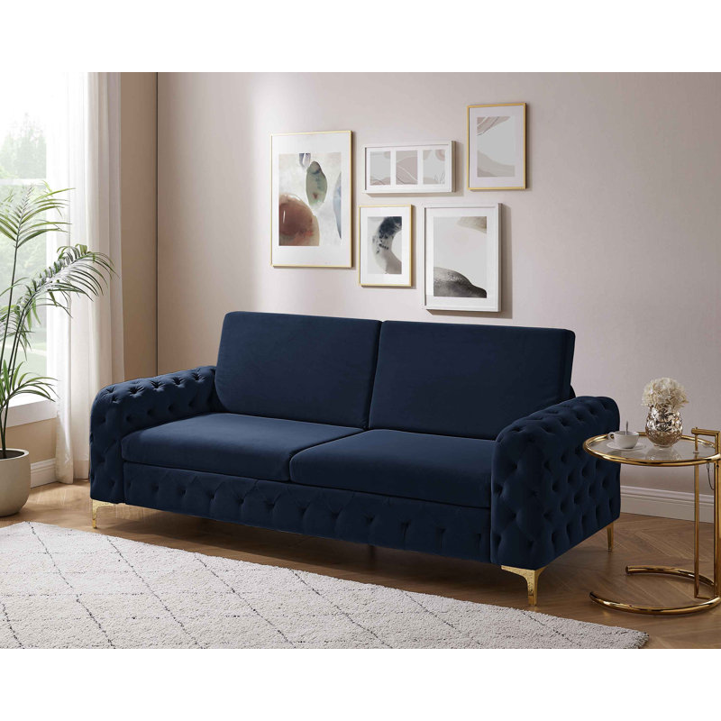 Bushong 222Cm Velvet Square Arms Sofa, Blue Velvet, Gold