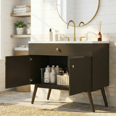 Meuble-lavabo rayé de luxe 36 po, double rangement à fermeture en douceur et lavabo en céramique de qualité supérieure
