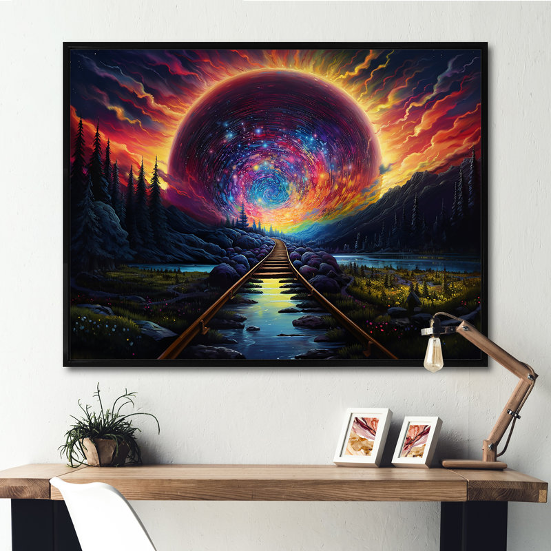 «Starry Night Train Traces To The Sky III» - art mural train, Cadre flottant noir, H 16 po x l 32 po x P 1 po