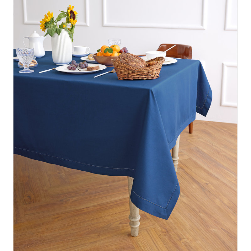 Cotton Linen Hemstitch Tablecloth, 84" x 60", Lapis Blue