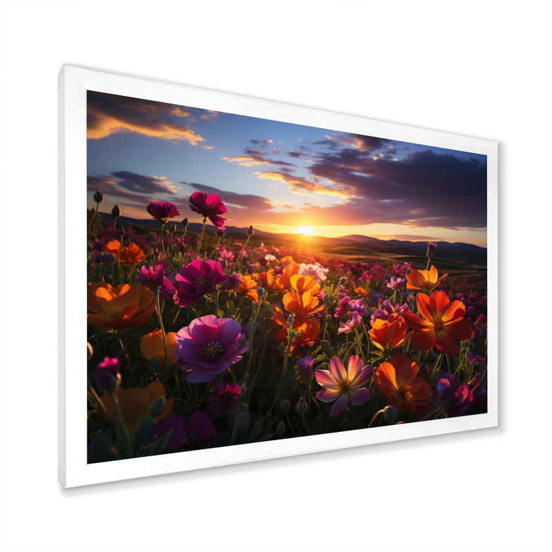 Coucher de soleil sur un champ de fleurs sauvages - Art sur toile, Cadre simple blanc, H 34 po x l 44 po x P 1,5 po
