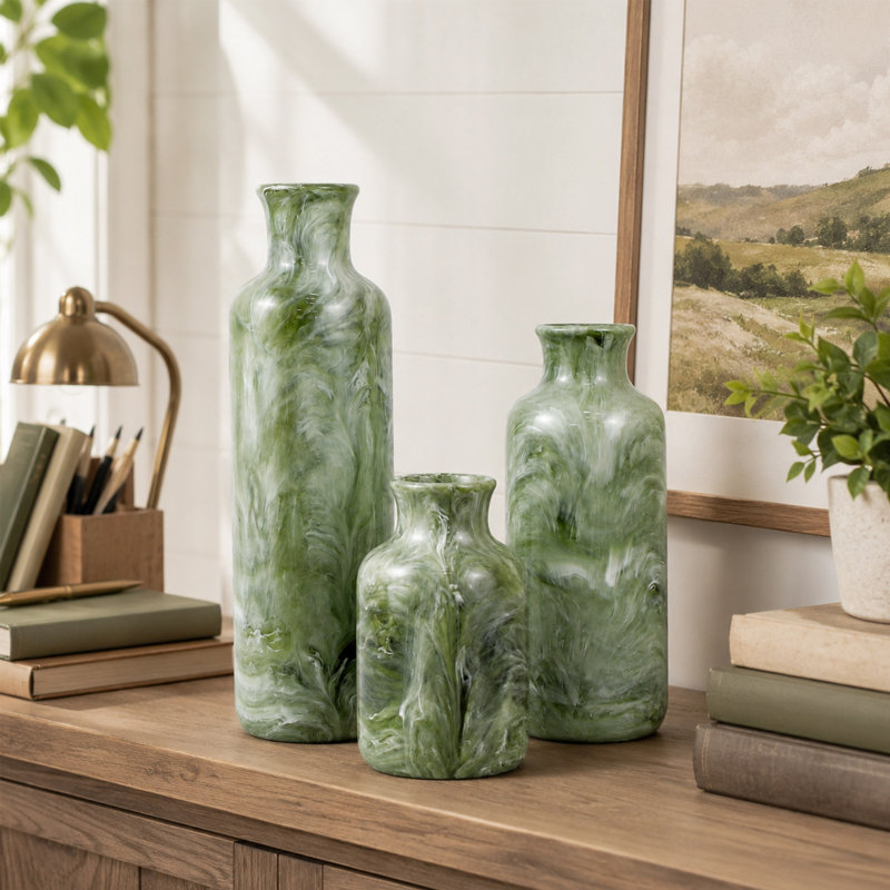 Ensemble de 3 vases en résine vert pour centre de table, étagère, salon, chambre à coucher, cuisine, décor de bureau, Green