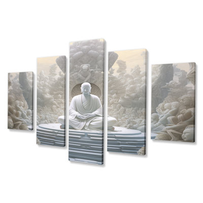 White Buddha Temple Meditation V - Buddhism Wall Art Living Room - 5 Panels -  Design Art, PT91058-373