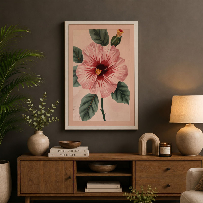 Hibiscus in Bloom Botanical - Wrapped Canvas, 30x20 - 76.2 x 50.8 cm, Teal Border