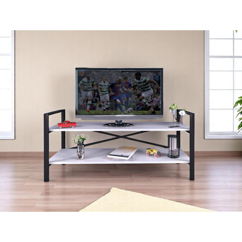 Meuble télé avec pieds en métal noir et tablettes ouvertes à l'arrière pour le rangement, console pour le salon