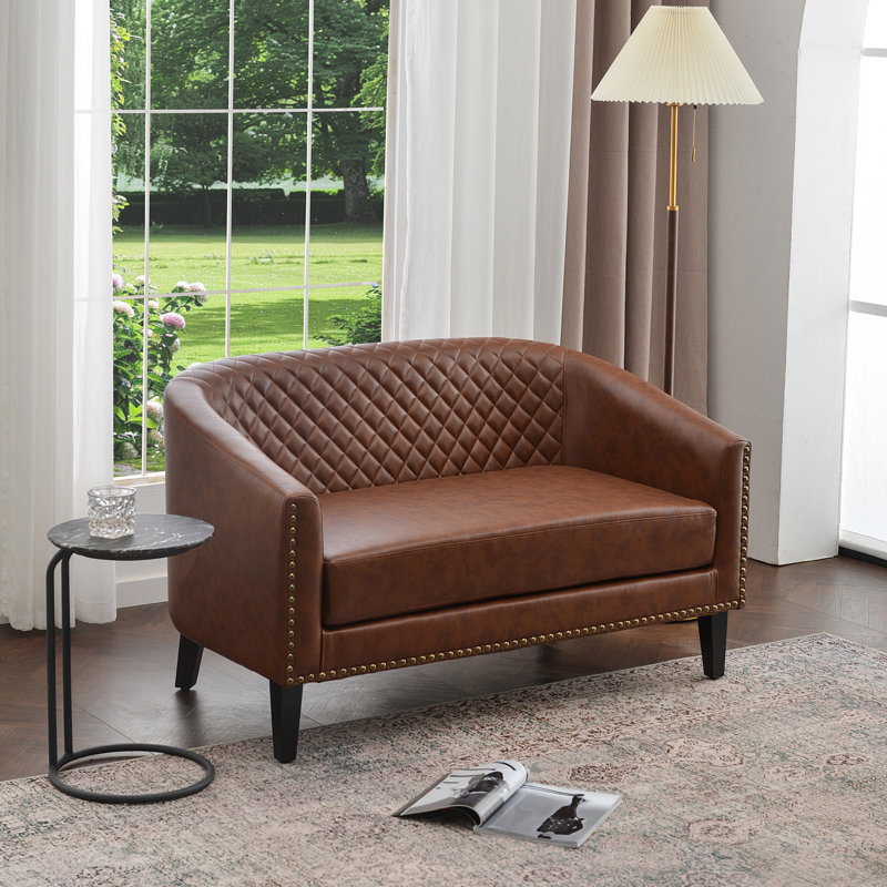 Boney Tufted Faux Leather Upholstered Small Loveseat, Chestnut