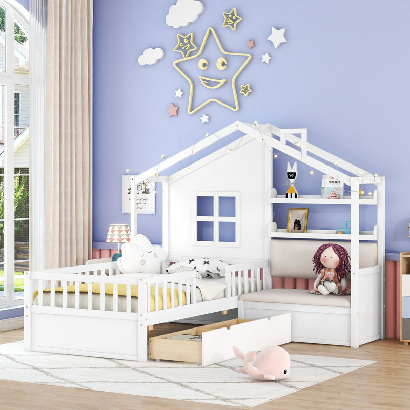 Lit simple avec canapé, lit plateforme pour enfants avec deux tiroirs et tablette de rangement pour une utilisation maximale de l'espace