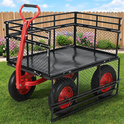 Heavy-Duty Steel Garden Cart Wagon - 1400 lb Capacity - Removable Mesh Sides Converts to Flatbed - 16" All-Terrain Wheels - 180° Rotating Pull Handle