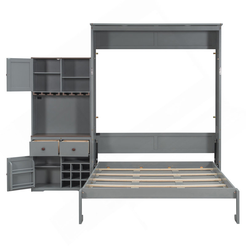 Grand lit escamotable avec armoire de rangement, support à vin, porte-verre, tiroirs et bande DEL multicolore, Gris