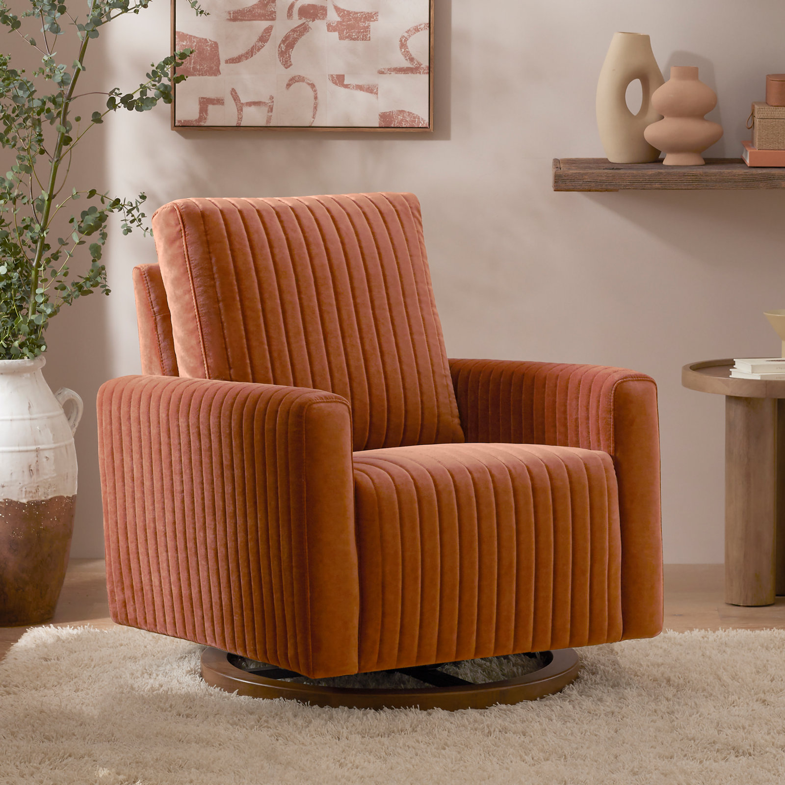 Poe Channeled Swivel Glider, Rust Velvet