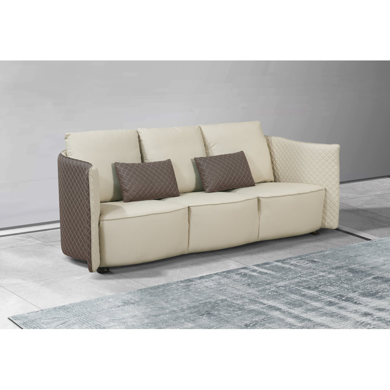 Canapé à accoudoirs évasés en cuir véritable 95 po de la collection Adylene, Cuir véritable gris clair / taupe