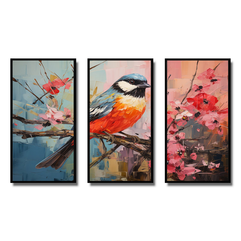 Blue Bird Floral Tree Harmony - Art mural oiseau, H 28 po x l 36 po, Cadre flottant noir