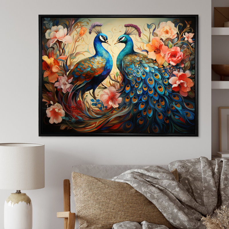 «Blue Coral Indian Art Dancing Peacocks I», art mural indien, H 34 po x l 44 po x P 1,5 po, Cadre flottant noir