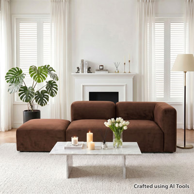Modular Performance Velvet Sectional Sofa with Ottoman, Deep Seating, 2-Seat Sectional for Apartments and Small Living Spaces