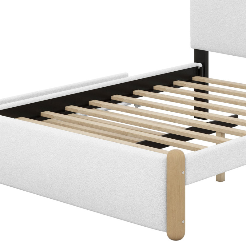 Lit plateforme tapissier avec pieds de soutien en bois et lit gigogne, Blanc
