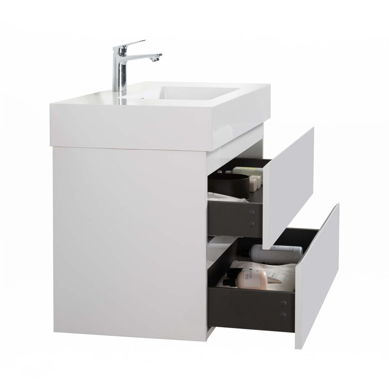 Meuble-lavabo flottant mural 36 po avec lavabo, Blanc, Blanc