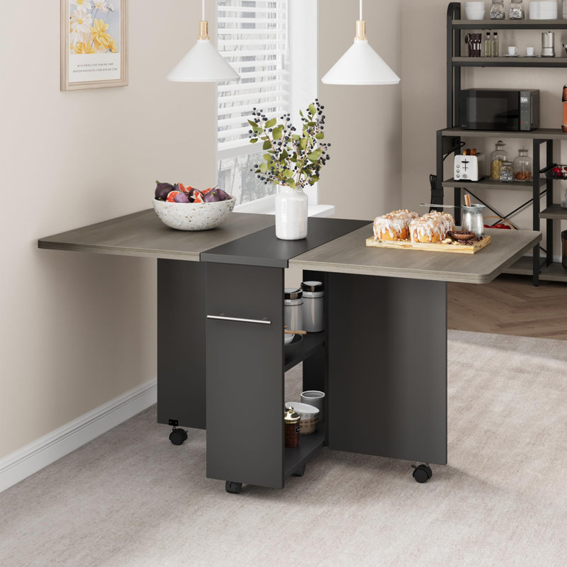Table de salle à manger pliante, à abattants avec 6 roulettes et 2 tablettes de rangement, Gris