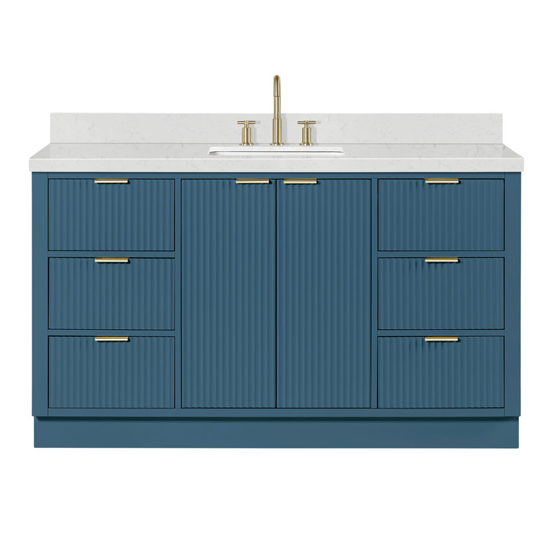 Meuble-lavabo simple en bois massif avec plateau en quartz de 1,5 po Haun Haun, Rectangulaire, Vintage Blue, 60"