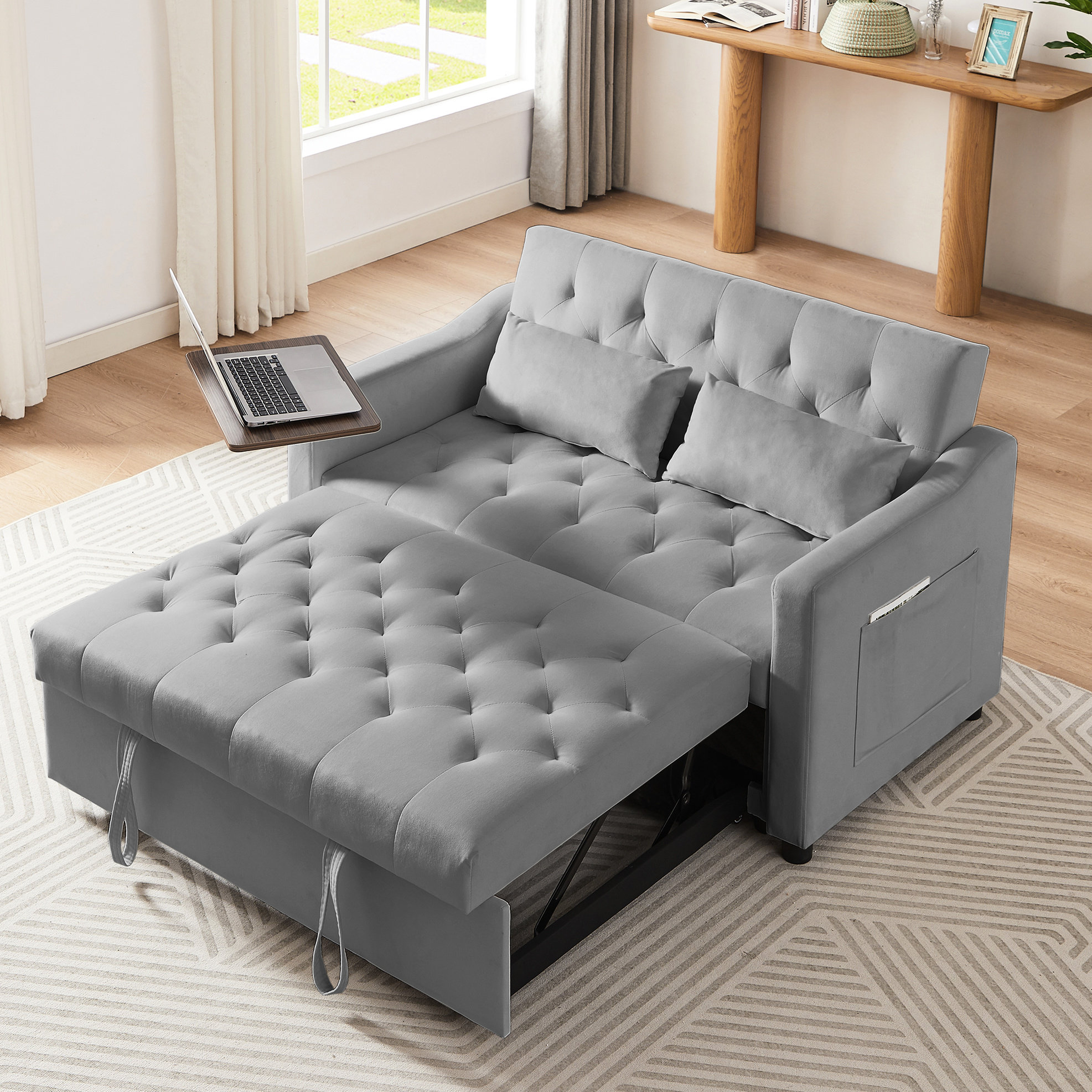 Latitude Run® Grey Velvet Convertible Bed, Featuring 360 Side Table ...