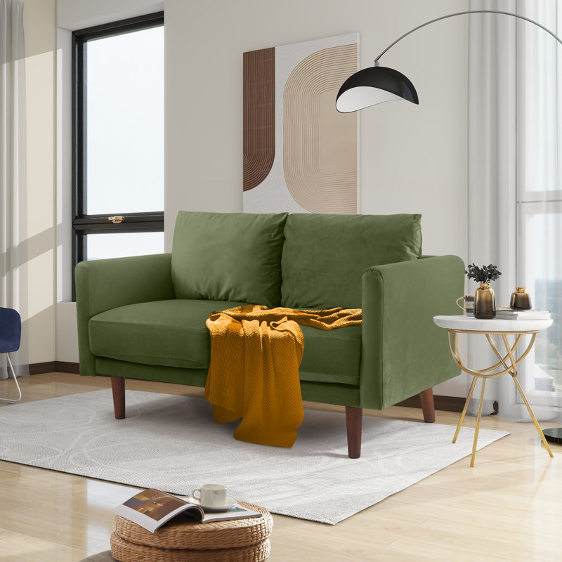 Marick Knapp 55.5" wide velvet round armrests and thick seat cushions loveseat, Army Green