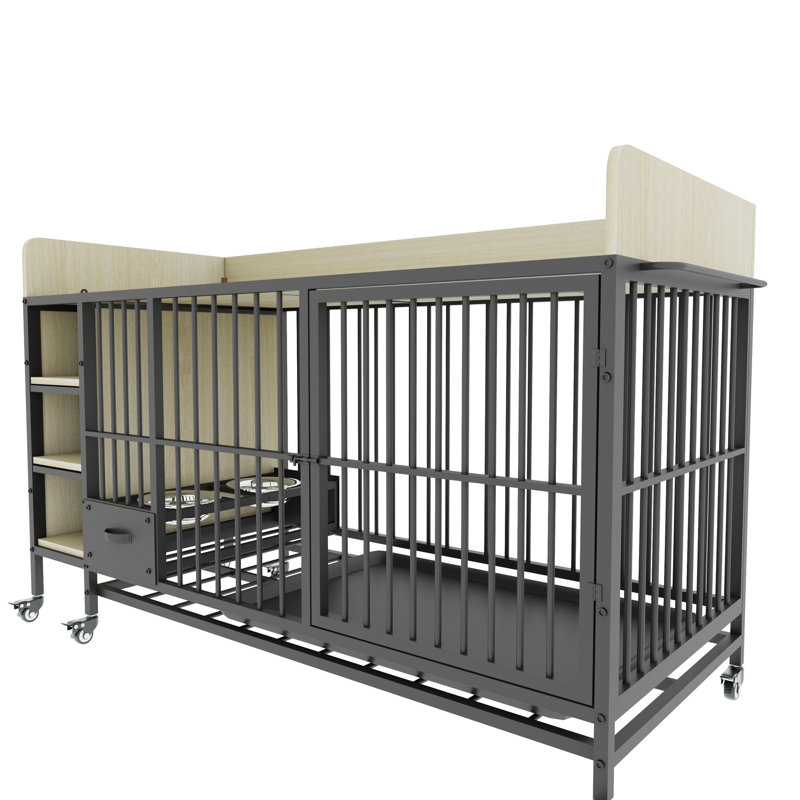 Grande cage pour animaux en fer avec un design pratique - matériau, cadre d'alimentation beige et noir et main courante,