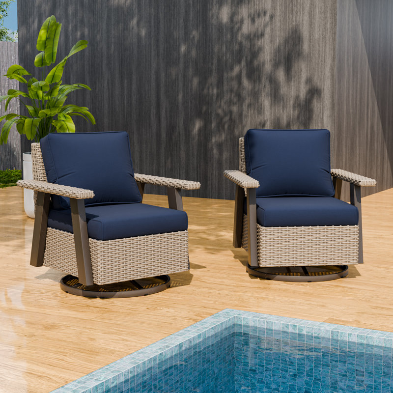Ensemble de chaises berçantes pivotantes d'extérieur, ensemble de chaises de patio en rotin et osier à 360 °, Bleu très foncé