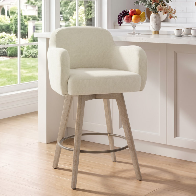 Tabourets de bar pivotants en chenille avec accoudoirs, Crème