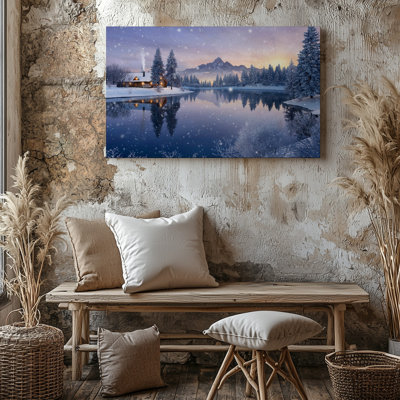 Canvas A Serene Winter Landscape At Dawn Featuring A Cozy Log Wall Art Cabin Nestled By A Tranquil Icy Lake Surrounded By Snow Canvas Wall Art