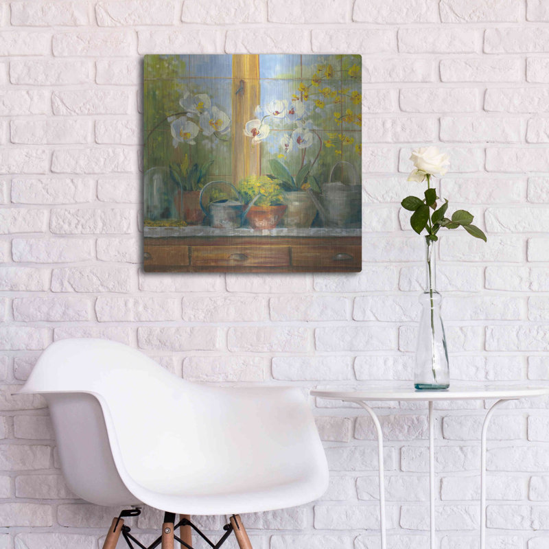 «Gardeners Table Orchids» par Carol Rowan, art mural en métal, H 24 po x l 24 po