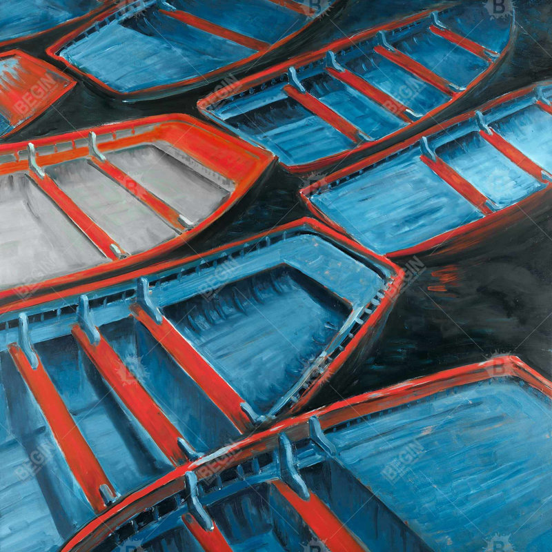 "Petits canots bleus et rouges"