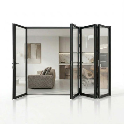 144 in. x 96 in. Black Aluminum Out-Swing Folding Patio Door 1 Left 3 Right Panels Double Tempered Glass with Lockset