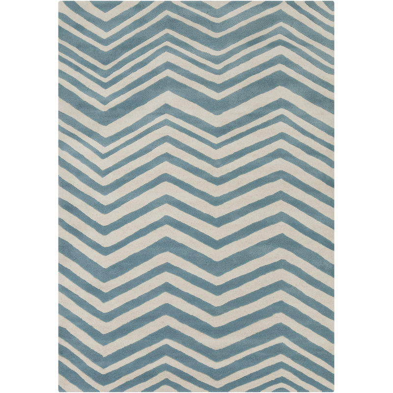 Tapis contemporain en laine touffeté blanc / bleu Davin, Rectangle 5 pi x 7 pi
