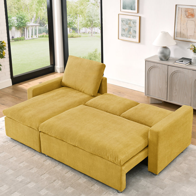 Canapé-lit modulaire 90 po en velours côtelé jaune et méridienne de rangement réversible, Jaune