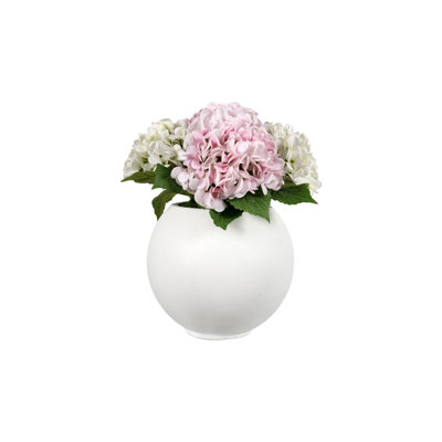 Pink Real-Touch Hydrangeas In Round White Planter