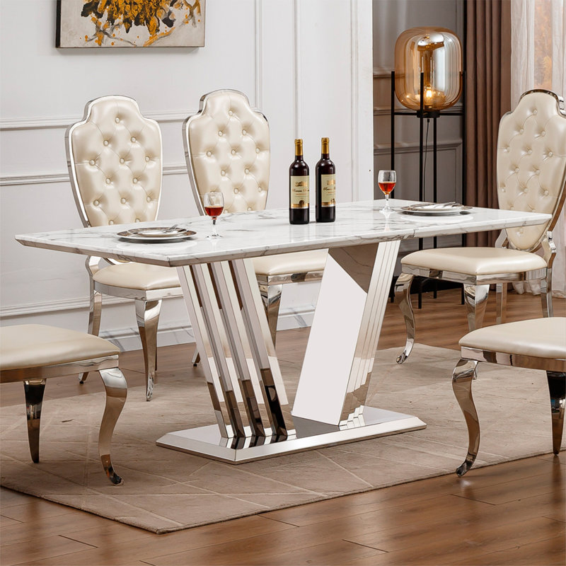 Table de salle à manger moderne en marbre pour 6 personnes - base en acier inoxydable, conception rectangulaire en faux marbre de 70 po, table de salle à manger élégante pour la cuisine et le salon (argent, blanc)