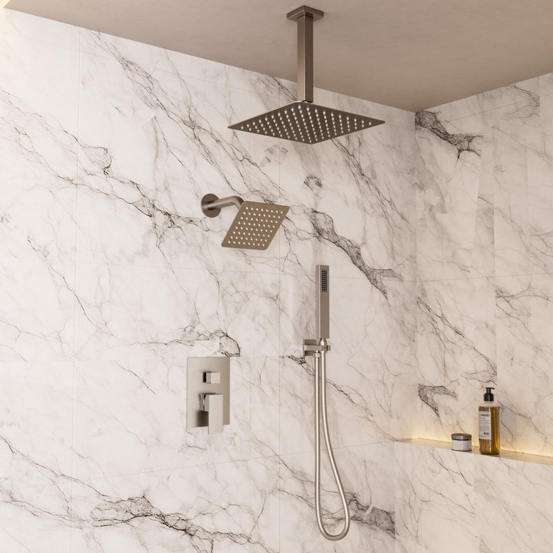 Système de douche à pression équilibrée Crozet avec double pomme de douche carrée et douche à main (valve incluse)