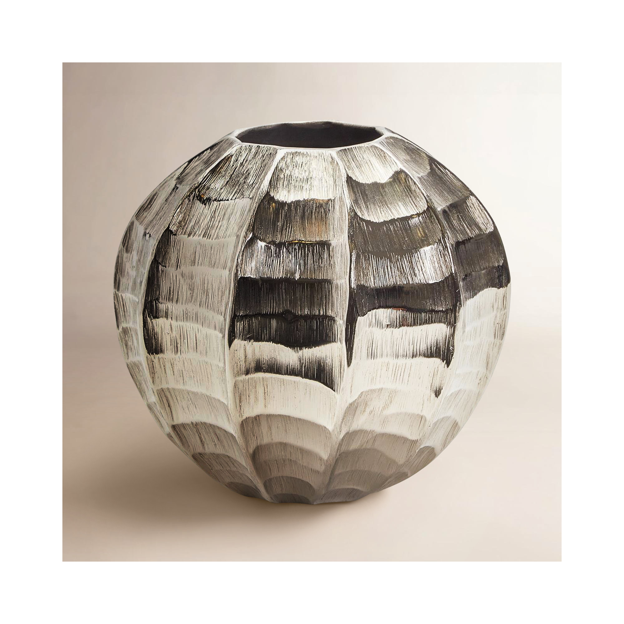 9" Hammered And Etched Silver Round Vase