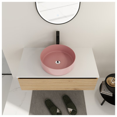 Meuble-lavabo mural 36 po avec finition café clair et lavabo en céramique rose