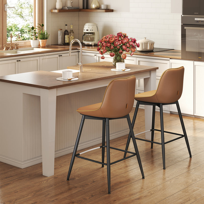 Borna 17.7''W x 15.7''D Mid-Century Faux Leather Bar Stools/ Counter Stools with Steel Frame & Footrest, Caramel Brown