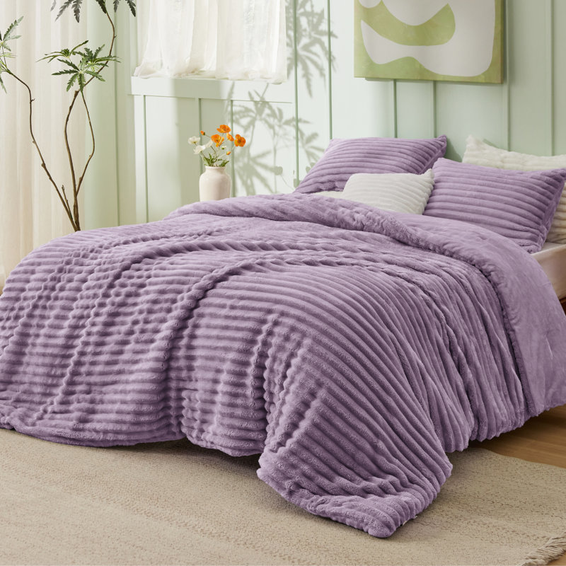 Bedsure Queen Size Comforter Sets - 3-Piece Double-Sided Fleece Fluffy Lavender Bedding, Cozy Striped Aesthetic for Modern & Guest Bedrooms, All-Season Luxury Home Decor