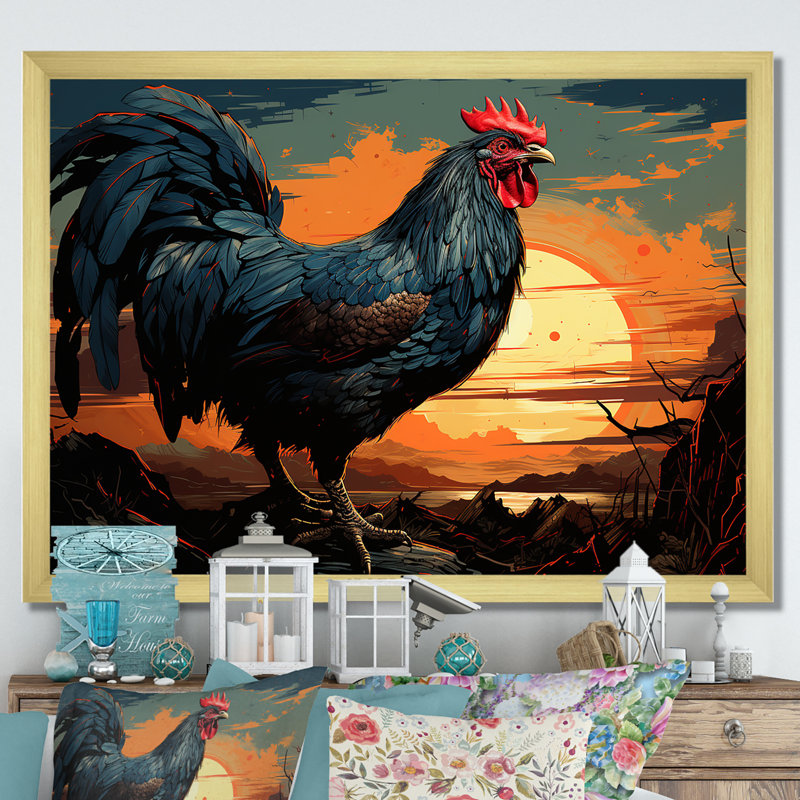 «Sunset Roosters Farmyard II», art mural coq, Cadre doré à coins fermés, H 16 po x l 32 po x P 1 po