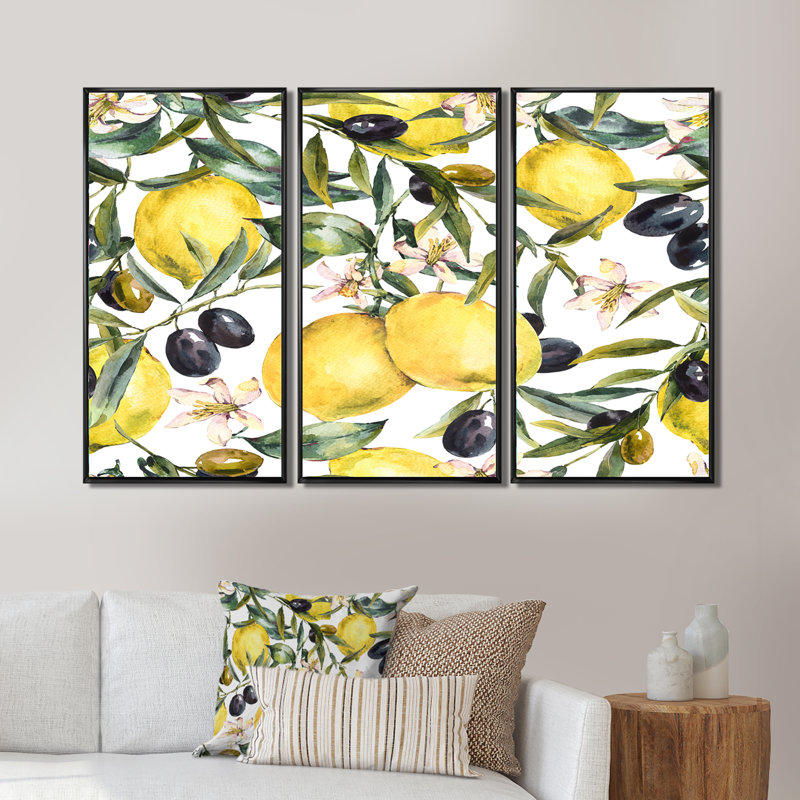 Lemon and Olive Branches I - 3 pièces, reproduction sur toile, Cadre noir, H 28 po x l 36 po x P 1 po
