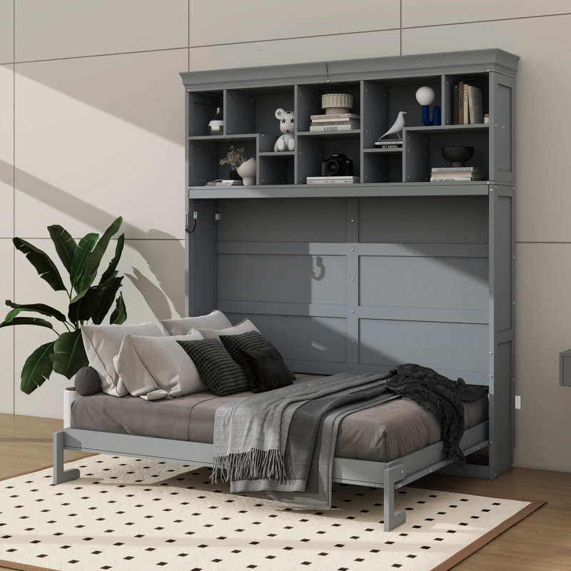 Grand lit escamotable équipé de tablettes supérieures, lit mural en bois avec ports USB, Gris