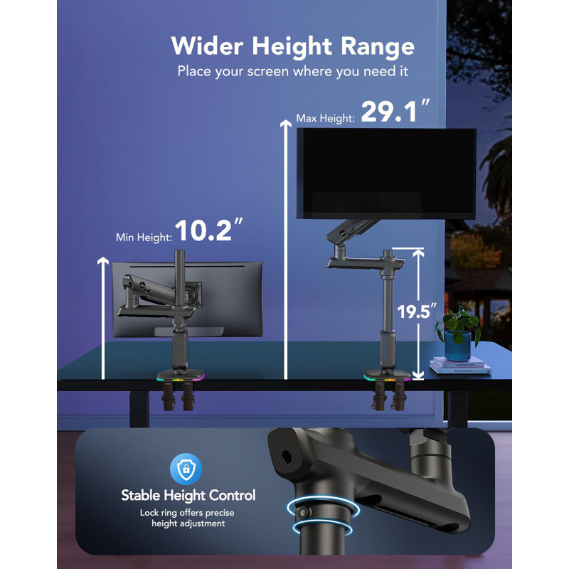 Bras de moniteur RVB robuste, adapté aux moniteurs Ultrawide jusqu'à 57 pouces, avec une capacité de charge de 44 lb. Haut bras de moniteur Ultrawide, hauteur maximale 29,1 pouces. Support de bureau entièrement réglable