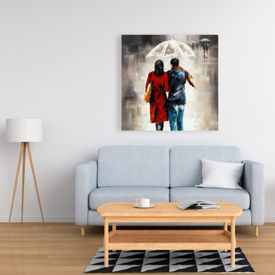Quiet Walk in Couple in the Rain - Beige Canvas Decor